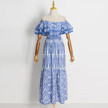 Woochic robe cocktail longue brodée col bateau à volants double épaisseur bleu S